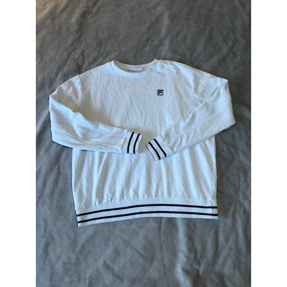Fila Mens White Striped Ribbed Trim Crewneck Sweatshirt XXL Embroidered Logo